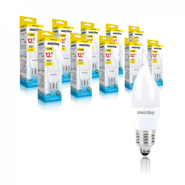 Светодиодная (LED) Лампа свеча на ветру Smartbuy-C37-12W/3000/E27