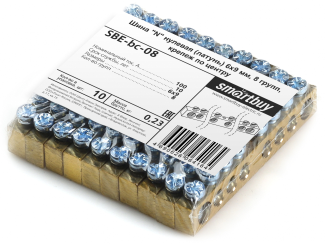 Шина "N" нулевая (латунь) 6х9мм, 8 групп, крепеж по центру, Smartbuy Шина "N" нулевая (латунь) 6х9мм, 8 групп, крепеж по центру, Smartbuy