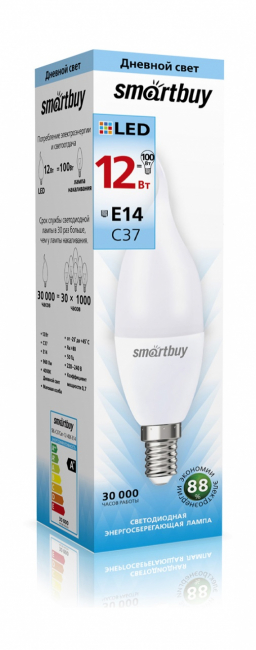 Светодиодная (LED) Лампа свеча на ветру Smartbuy-C37-12W/4000/E14