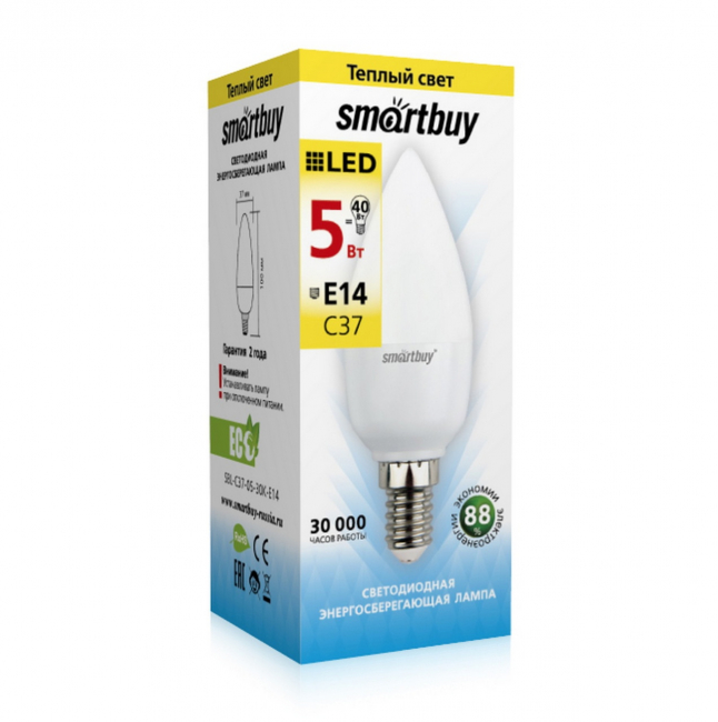Светодиодная (LED) Лампа Smartbuy-C37-05W/3000/E14/ Светодиодная (LED) Лампа Smartbuy-C37-05W/3000/E14/