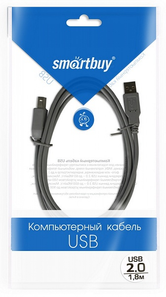 USB2.0 A-->B 1,8 м, черный, кабель Smartbuy USB2.0 A-->B 1,8 м, черный, кабель Smartbuy