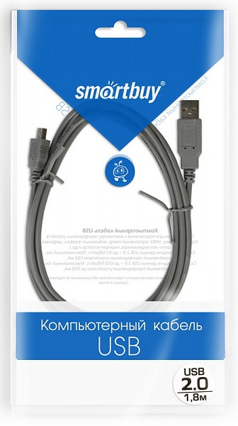 USB2.0 A--> mini B 5P 1,8 м, черный, кабель Smartbuy USB2.0 A--> mini B 5P 1,8 м, черный, кабель Smartbuy